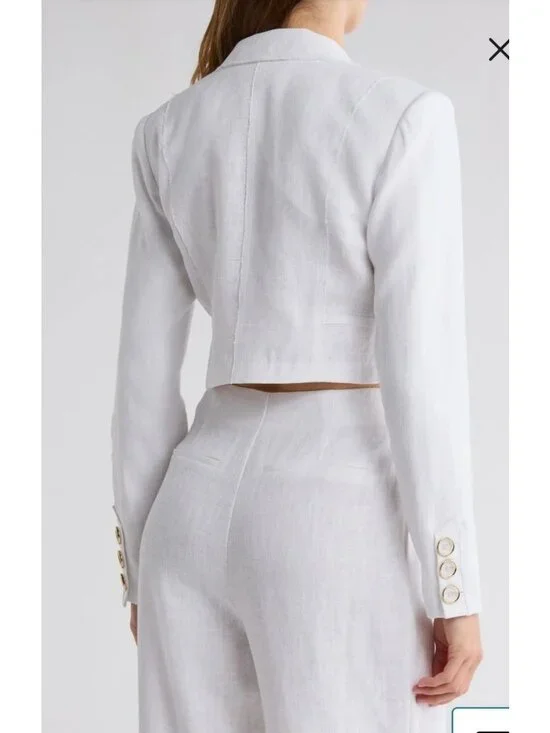Ramy Brook Emmeline Jacket White Cropped Blazer Gold Buttons Linen Blend Sz 14 - Picture 2 of 13